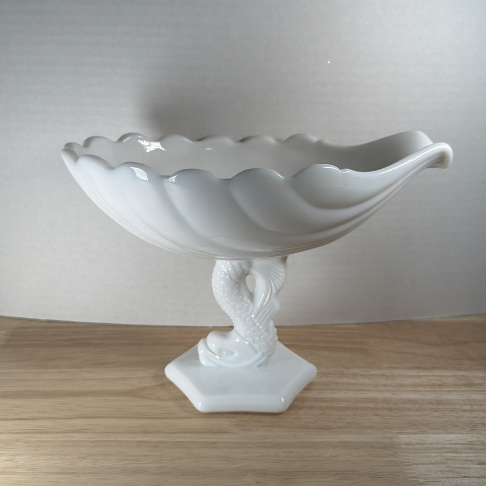 Westmoreland Art Glass Milk Glass Dolphin Shell Bowl Footed 6.25"